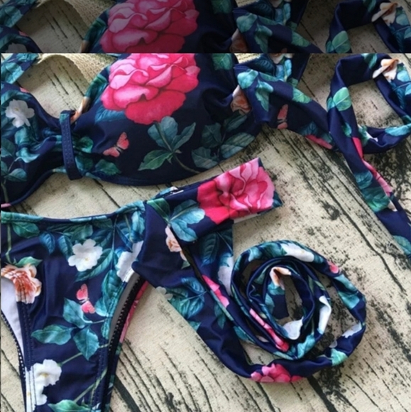 New Blue Floeal Sexy Off Shoulder Self Tie Brazilian Two Piece Swimsuit - Picture 4 of 7